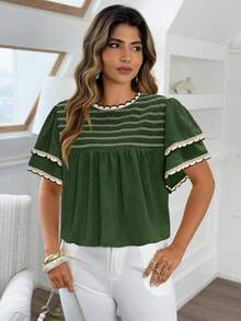 Vionelle Plus Size Elegant Bohemian Style Double-Layer Ruffle Trim Patchwork Casual Blouse - Army Green - View 1