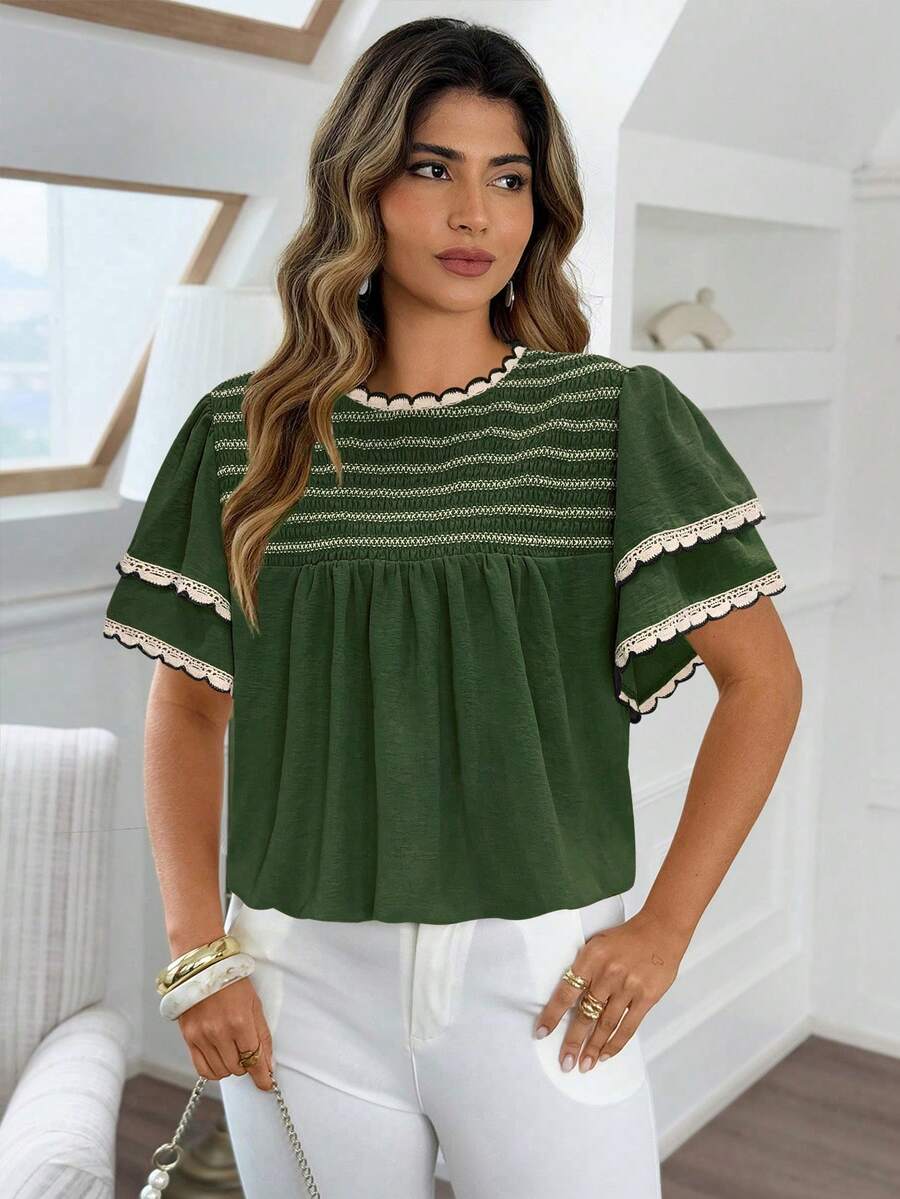 Vionelle Plus Size Elegant Bohemian Style Double-Layer Ruffle Trim Patchwork Casual Blouse - Army Green - View 1