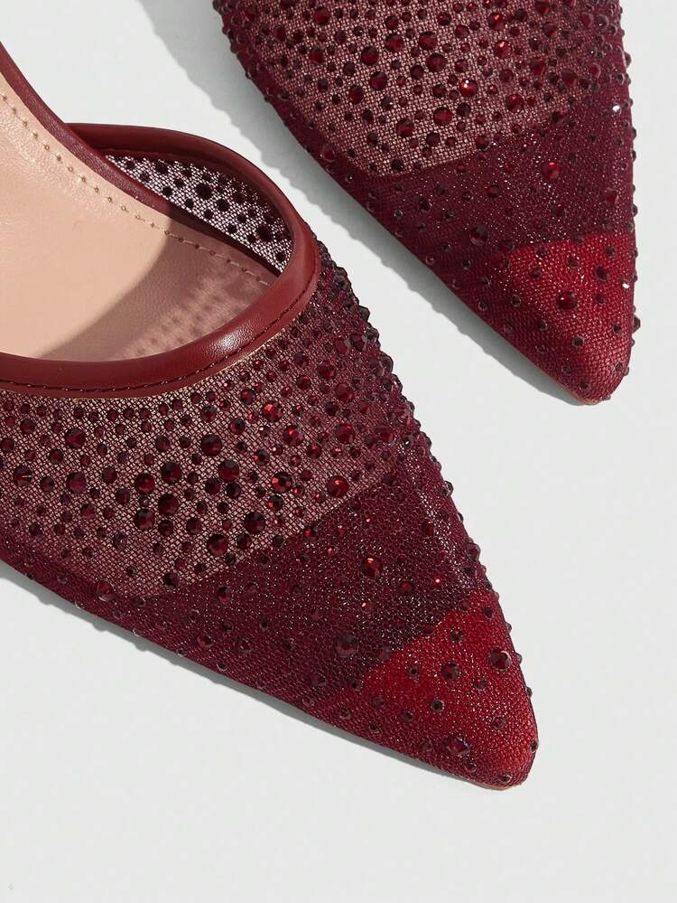 CUCCOO SZL Women Shoes Spring And Summer New Women's High Heel Shoes Mesh Rhinestone Breathable Pointed Square Heel Medium Heel French Elegance Commuter Dating Wedding Banquet Versatile Women's Shoes