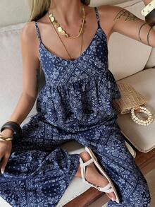 DAZY 女士全印花吊带背心和阔腿裤休闲两件套 - 藍色 - 查看 6