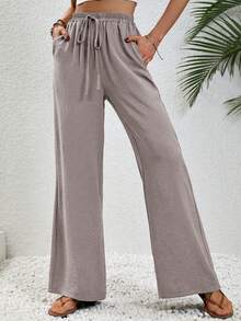 SHEIN Tall Women's Khaki Casual Vacation Style Elastic Waist Drawstring Relaxed Straight Leg Pants - Khaki - View 6