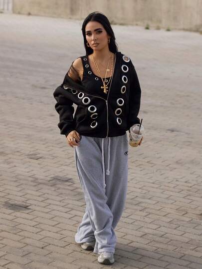 AfricaSnchz 2025 New Arrive Fall Women Fashion Avant-Garde Grommet Design Black Hooded Sweatshirt, Cropped Jackets For Going Out Outfits, Back To School,  Streetwear, Grunge And Punk Chic, Y2K Clothes, Edgy Clothes Woman And Unique Clothes