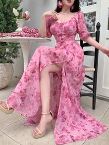 Celisse 春夏新款印花抽绳系结露背荷叶边泡泡袖A字腰雪纺优雅长裙 - 彩色 - 查看 6