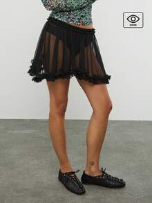 COUREZ Mesh Mini Ruffle Skirt /Y2K Spring Clothes For Women Black Skirts Spring Break Outfits Sexy Going Out Outfits Summer Outfits Summer Skirts Short Skirts - Black - View 1