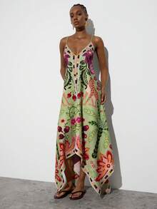 Maija Women's Vacation Silk Scarf Design Asymmetric Hem Spaghetti Strap Dress,Summer Dresses For Women One Piece Dress Summer Long Resort Dresses For Women Latest Dress - Multicolor - View 4