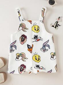 LOONEY TUNES X SHEIN 男婴卡通印花无袖休闲连体衣，夏季 - 白色 - 查看 2