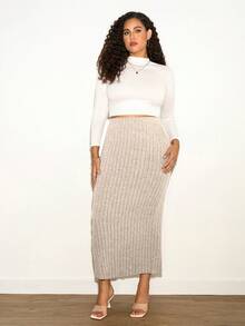 SHEIN Tall CURVE Plus Size Casual Solid Ribbed Knit Pencil Skirt - Apricot - View 5