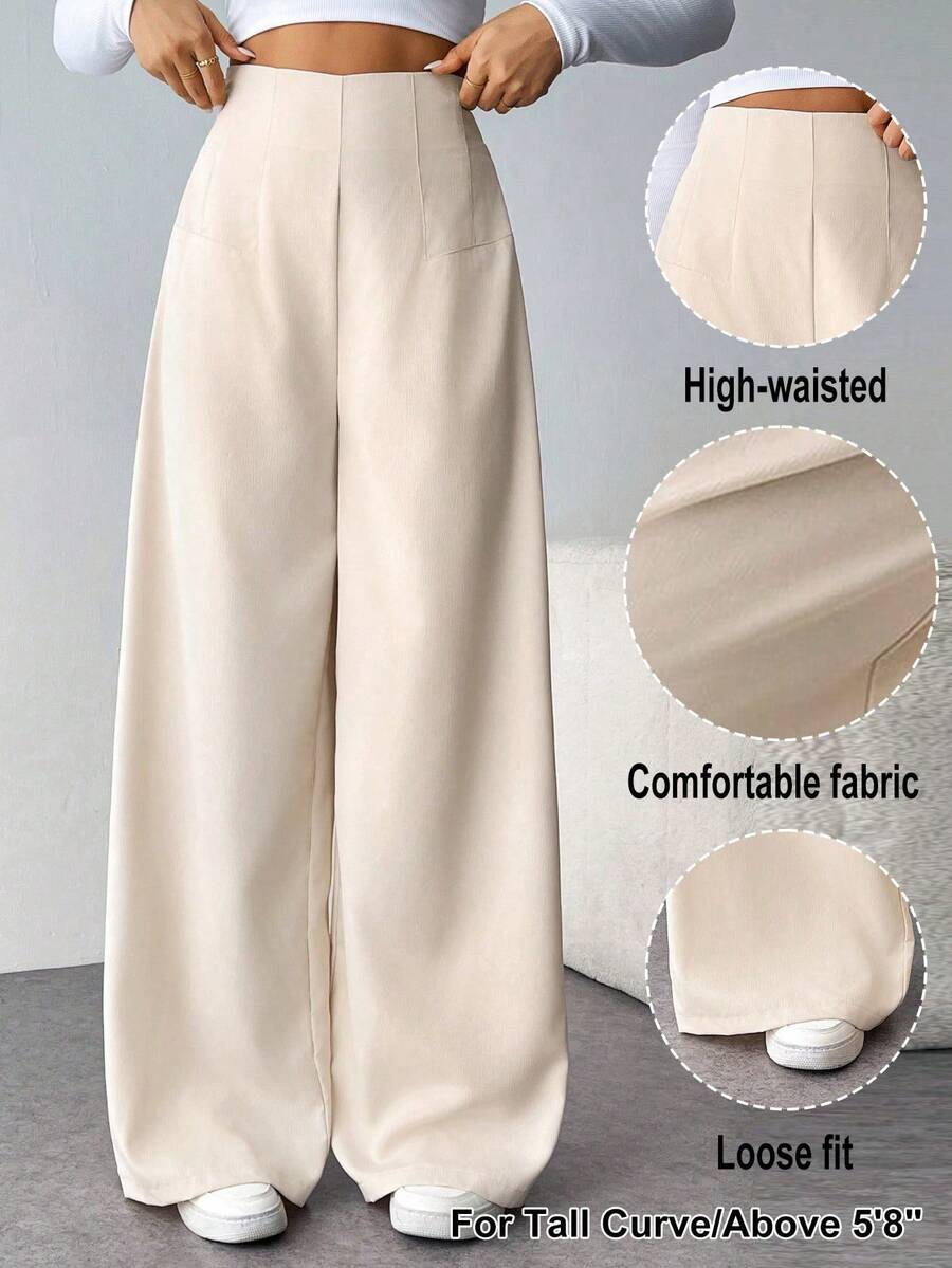 SHEIN Tall CURVE Calça Social de Cintura Alta Texturizada e Perna Larga em Estilo Minimalista e Casual, Adequada para Uso Diário, Tamanhos Plus Size - Damasco - Visão 1