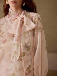 MOTF PREMIUM WOMEN'S ROMANTIC ELEGANT PLANTS PRINTED TIE NECK LONG SLEEVE BLOUSE, SPRING/SUMMER - Multicolor - View 3