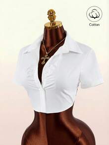 Amplova 2026 New Casual Sexy Shirt With Front Ruched Design And Backless Tie-Up Detail, Cropped - White - View 3