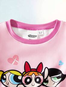 THE POWERPUFF GIRLS X SHEIN Maija Kids 女童可爱贴身卡通印花短袖T恤和裤子睡衣套装，夏季 - 粉色 - 查看 5