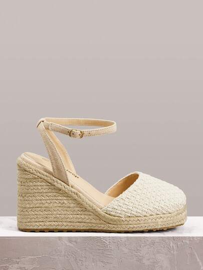 Styleloop 女鞋杏色彩色镂空麻绳草编鞋坡跟厚底凉鞋绑带鞋轻便增高假日波西米亚风女鞋