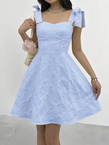 SHEIN Vestido casual minimalista y cómodo con lazo en la cintura para adolescentes - Azul - Ver 3