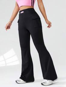 SHEIN EZwear Quần cargo cạp cao màu đen dệt kim dáng ôm thoải mái dành cho nữ - màu đen - Xem 6