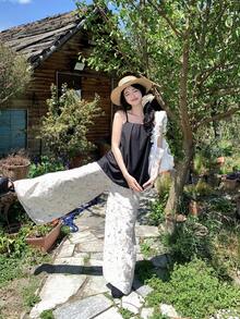 DAZY 女士休闲无袖上衣和阔腿裤两件套，纯色，夏季家居服套装 - 黑色 - 查看 8