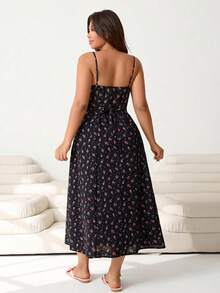 Solflare Plus Size Cute Summer Black Midi Dress,Spaghetti Strap High Waist Backless Red Ditsy Floral Everyday Casual Party Birthday Music Festival Vacation - Multicolor - View 2