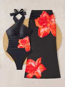 Swim Oasis 女士印花露背吊带裙泳衣 - 黑色 - 查看 6