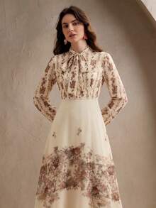 Anewsta Elegant Floral Digital Print Dress,Spring Autumn Beige Tea Party Long Sleeve Flare Sleeve Pink Spaghetti Strap Graphic Valentine's Day Vacation - Light Yellow - View 5