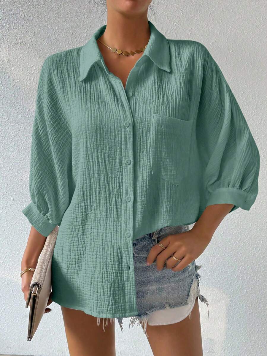 SHEIN Camisa de verano de botones delanteros suelta, cómoda y transpirable, de unicolor y textura - Verde - Ver 1