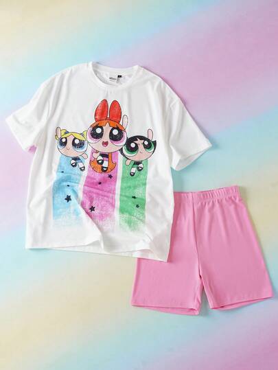 THE POWERPUFF GIRLS X SHEIN 女士卡通印花圆领短袖上衣和纯色短裤睡衣套装