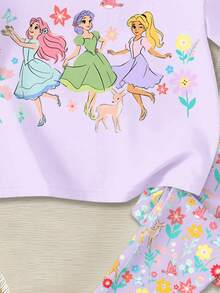 紫色，春意盎然，甜美可爱公主风，波西米亚风花卉印花，女婴休闲柔软宽松圆领短袖T恤和打底裤套装，适合日常穿着、度假、节日、春日氛围、夏日氛围、春夏装扮，轻松舒适，时尚小女孩套装，休闲装，公主风，花朵图案T恤套装，春夏套装，新款，清凉舒适，春日氛围，清凉夏日 - 白色 - 查看 4