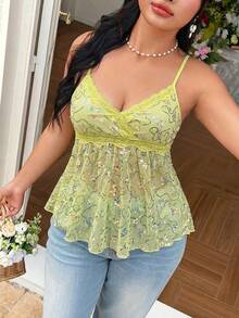 FleurLily Plus Size Women Summer Fashion Elegant Lace Patchwork Beaded Camisole - Green - View 1