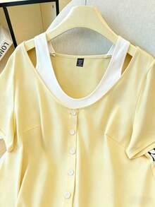 GlowEve CURVE Áo thun nữ cỡ lớn cổ chữ V phối màu tay ngắn dáng rộng thoải mái, thời trang cho mùa xuân/hè, phù hợp mặc hàng ngày, đi làm và đi chơi. - Nhiều màu - Xem 4
