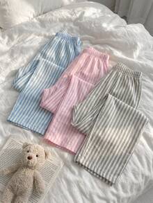 Women Cotton 3 Pcs Multicolour Striped Long Homewear Comfort Casual Sleep Bottoms Set - Multicolor - View 6