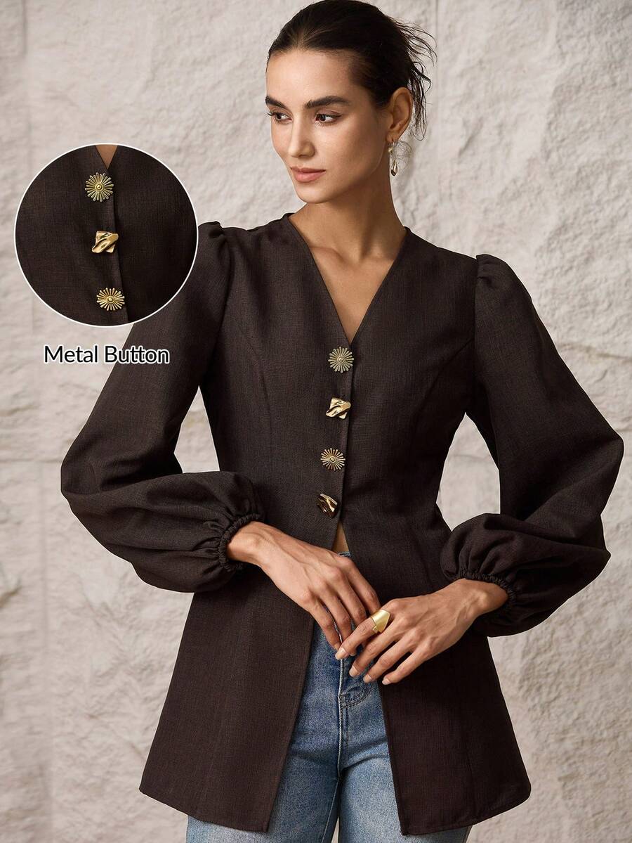 Modelyn Blusa elegante de mujer con mangas de farol, unicolor, decoración de botón metálico y cintura
