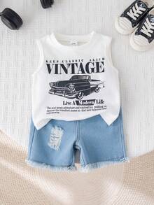 SHEIN 2 piezas Conjunto informal de verano para niño pequeño con top de tirantes con gráfico de coche y pantalones cortos de mezclilla - Multicolor - Ver 5