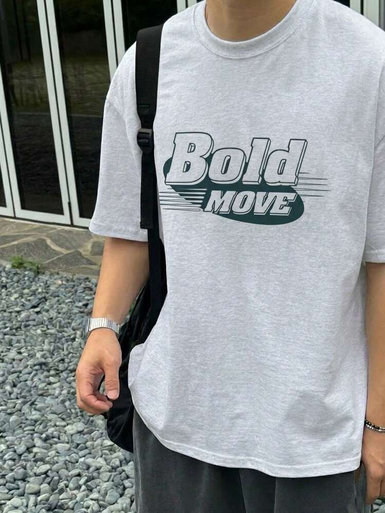 Grey Letter Print Short Sleeve T-Shirt For Men, Summer