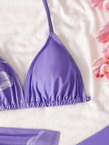 SHEIN Bộ bikini 3 mảnh dành cho thiếu nữ, áo tam giác buộc dây cổ màu đen họa tiết hoa, quần tam giác và khăn quấn, đồ bơi thời trang, thanh lịch, phù hợp cho bơi lội, kỳ nghỉ hè. - Màu tím - Xem 6