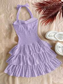 SHEIN Tween Girl Vacation Mini Dress With Elastic Ruched Bust,Tie Neck,Bowknot,And Tiered Can Wear Inner Or Outer,Summer Dresses,Solid White - Purple - View 2