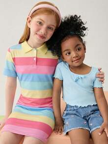 SHEIN Vestido de punto ajustado con cuello polo informal para niñas preadolescentes en primavera/verano - Multicolor - Ver 5