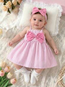 SHEIN Cute Summer Light Pink & White Striped Sleeveless Strappy Dress For Newborn Girls Decorated With 3D Bow A-Line Flared Birthday Skirt 0-9 Years Old - Pink - View 5