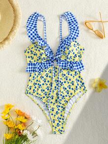 Swim Mod Sexy Floral Ruffled Hollow-Out Backless One-Piece Swimsuit For Women, Summer Vacation - Multicolor - View 2
