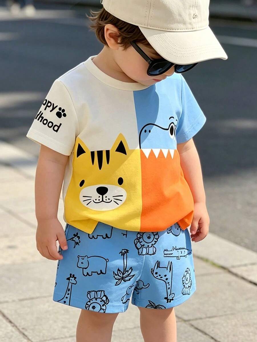 SHEIN Playful Pals Baby Boy Casual Cute Cartoon Animal Print Patchwork Contrast Color Crew Neck T-Shirt And Matching All-Over Animal Print Shorts Set, Suitable For Summer, Korean Style Zoo Tiger Expression Shark Silhouette Contrast Orange And Yellow Cute Patchwork Color Block Design - Multicolor - View 1