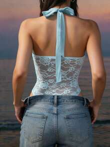 Zovinel Bộ đồ liền thân nữ mùa xuân/hè màu xanh bạc hà mới, kiểu dáng thanh lịch, gợi cảm và lãng mạn, cổ yếm buộc dây, phối ren. - Màu xanh Bạc hà - Xem 2