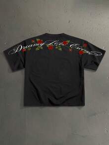 StoneGrade Rose Handwritten Font Print Casual Loose Fit Short Sleeve T-Shirt For Men, Fashionable Outfit Essential For Dates And Gatherings, Suitable As Gift For Boyfriend - Black - View 1
