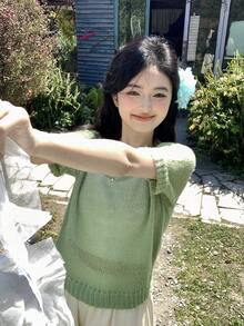 DAZY 女士圆领纯色短袖针织上衣 夏季 - 綠色 - 查看 5