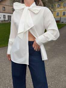 Jeta Ari 女士休闲优雅打结纽扣衬衫，百搭衬衫，适合商务、办公、休闲场合，春夏皆宜 - 白色 - 查看 3