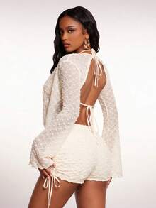 Radiana 女士性感休闲杏色网纱度假套装，露背长袖垂领罩衫+吊带文胸上衣+抽绳褶皱短裤三件套，沙滩装，短裤套装，海岛度假装，沙滩服饰，沙滩套装，比基尼罩衫，假日旅行服装 - 杏色 - 查看 2