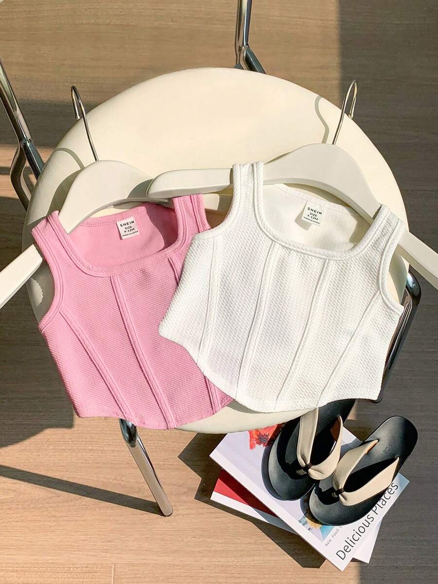 SHEIN 2件套女童休闲纯色无袖方领针织背心,夏季 - 彩色 - 查看 1