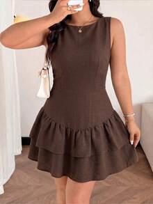 Easura Vestido Elegante de Verão com Decote Redondo e Sem Mangas, Modelo Evasê, para Mulheres Plus Size - Castanho - Visão 7
