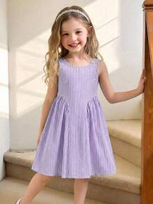 Emery Rose Kids Emery Rose Kids 少女编织条纹休闲度假蝴蝶结吊带连衣裙 - 淡紫色 - 查看 3