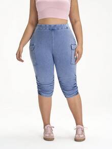 Flexra Plus Size Knitted Denim Cargo Capri Pants - Blue - View 4