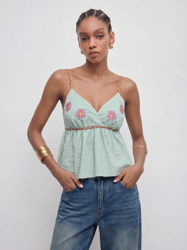 Maija Women's Vacation Casual Embroidered Backless Camisole, Summer Tops, Summer Clothes, Summer Outfits , Summer Outfits For Women , Spring Outfit , Spring Tops , Party Top, Beach Outfit For Women, Beach Outfit, Elegant Women's Blouses, Casual Blouses For Women , Vacation , Summer Holiday Outfits , Country Style For Women, Country Concert Outfit
