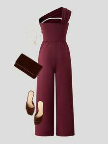 Bộ jumpsuit dệt kim trễ vai kiểu Pháp thanh lịch dành cho nữ tuổi teen, phù hợp cho các bữa tiệc và dịp trang trọng, váy ngắn. - Màu Đỏ Sâu - Xem 3