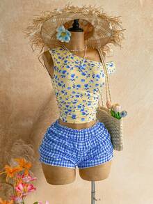 SHEIN WYWH Bộ đồ 2 món dành cho nữ: Áo lệch vai in họa tiết và quần short kẻ caro. - Nhiều màu - Xem 6