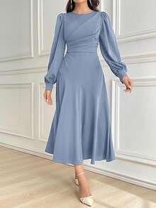 Modelyn Women Elegant Solid Color Lantern Sleeve Midi Dress, Autumn Long Evening Dresses - Blue - View 4